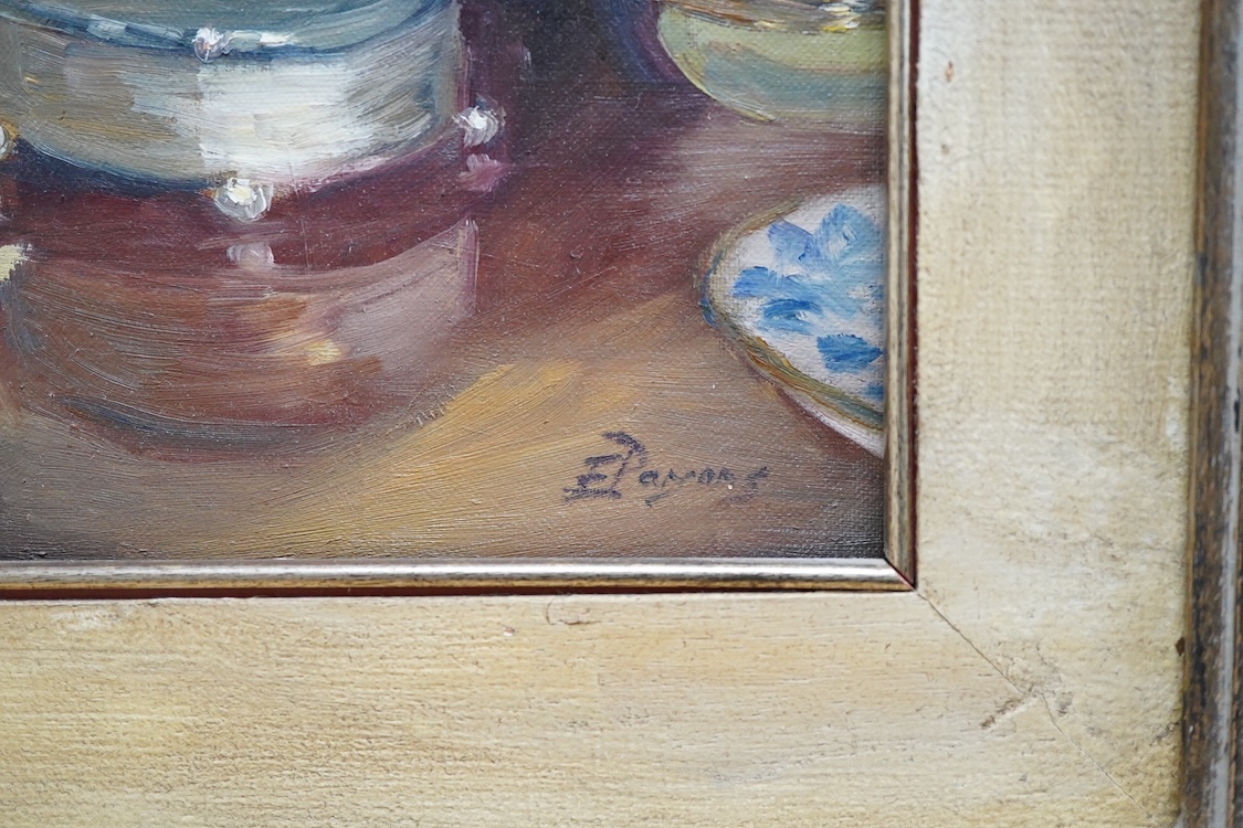 Elizabeth Parsons (b.1953), Still life of flowers on a dressing table, signed, oil on canvas, 28 x 38cm